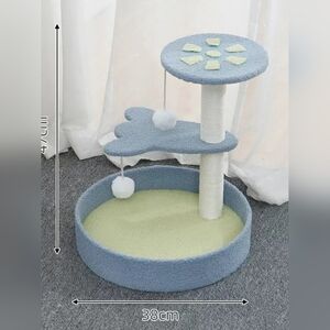 Blue and Green Cat Scratch Post Tree with Playful Pom Poms